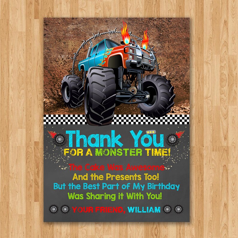 Monster Truck Birthday Thank You Card Chalkboard Monster Etsy