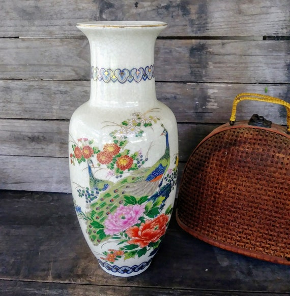 Peacock And Peony Satsuma Style Crackle Vase By Andrea By Etsy