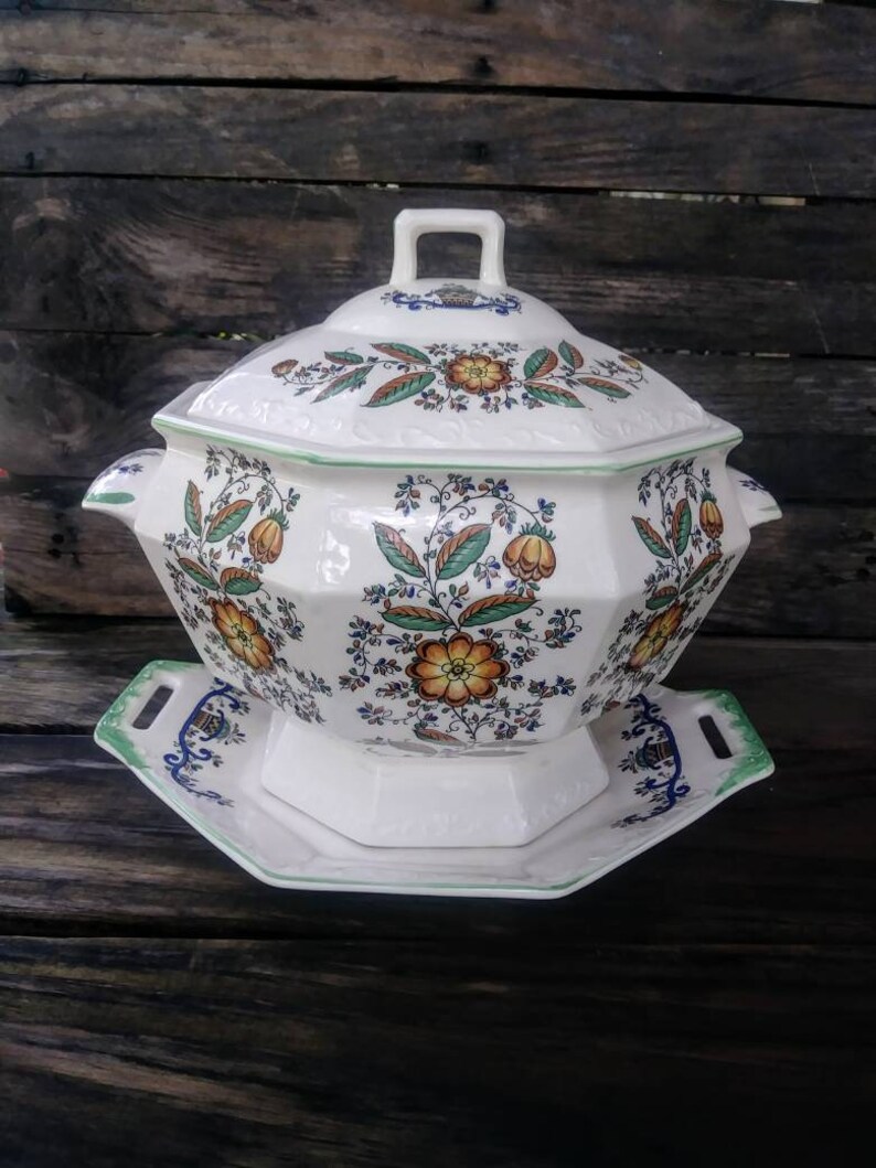 Large Ceramic Soup Tureen with Lid Floral Design Green and Etsy