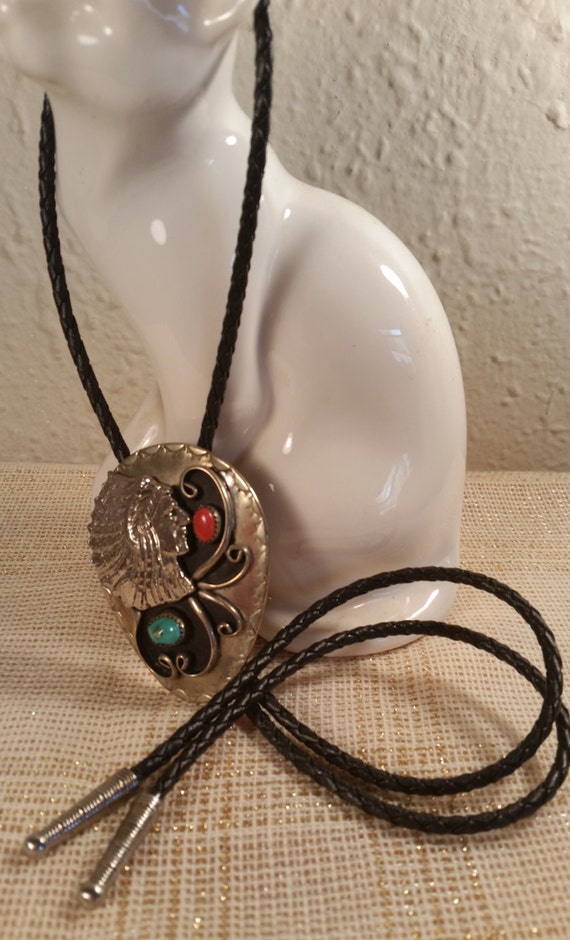 Sterling Silver Bolo Tie, Indian Head Bolo Tie, Na