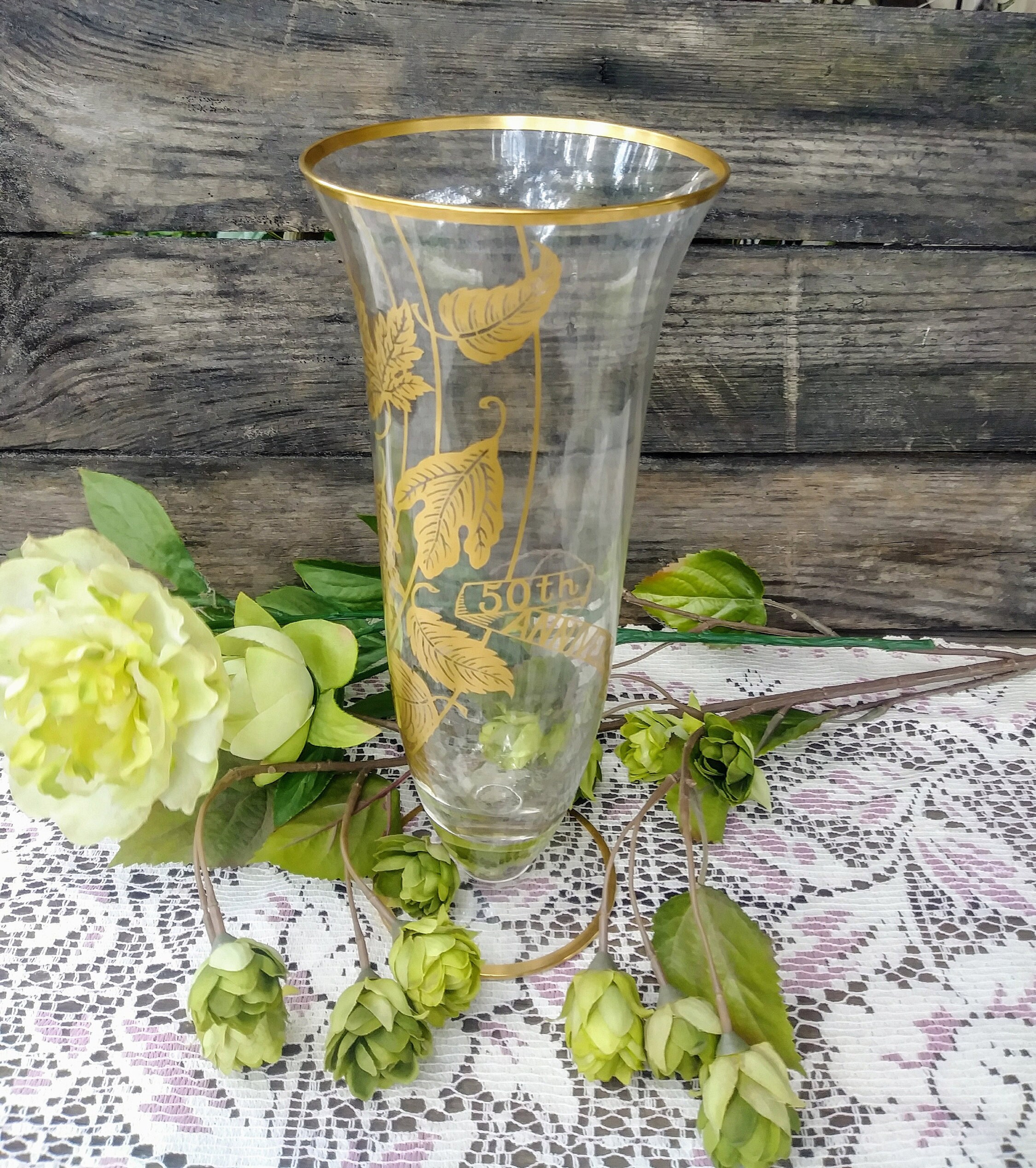 Large 50th Anniversary Footed Glass Bouquet Vase Gold Leaves And
