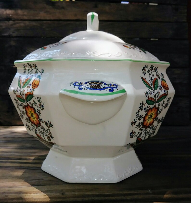 Large Ceramic Soup Tureen with Lid Floral Design Green and Etsy