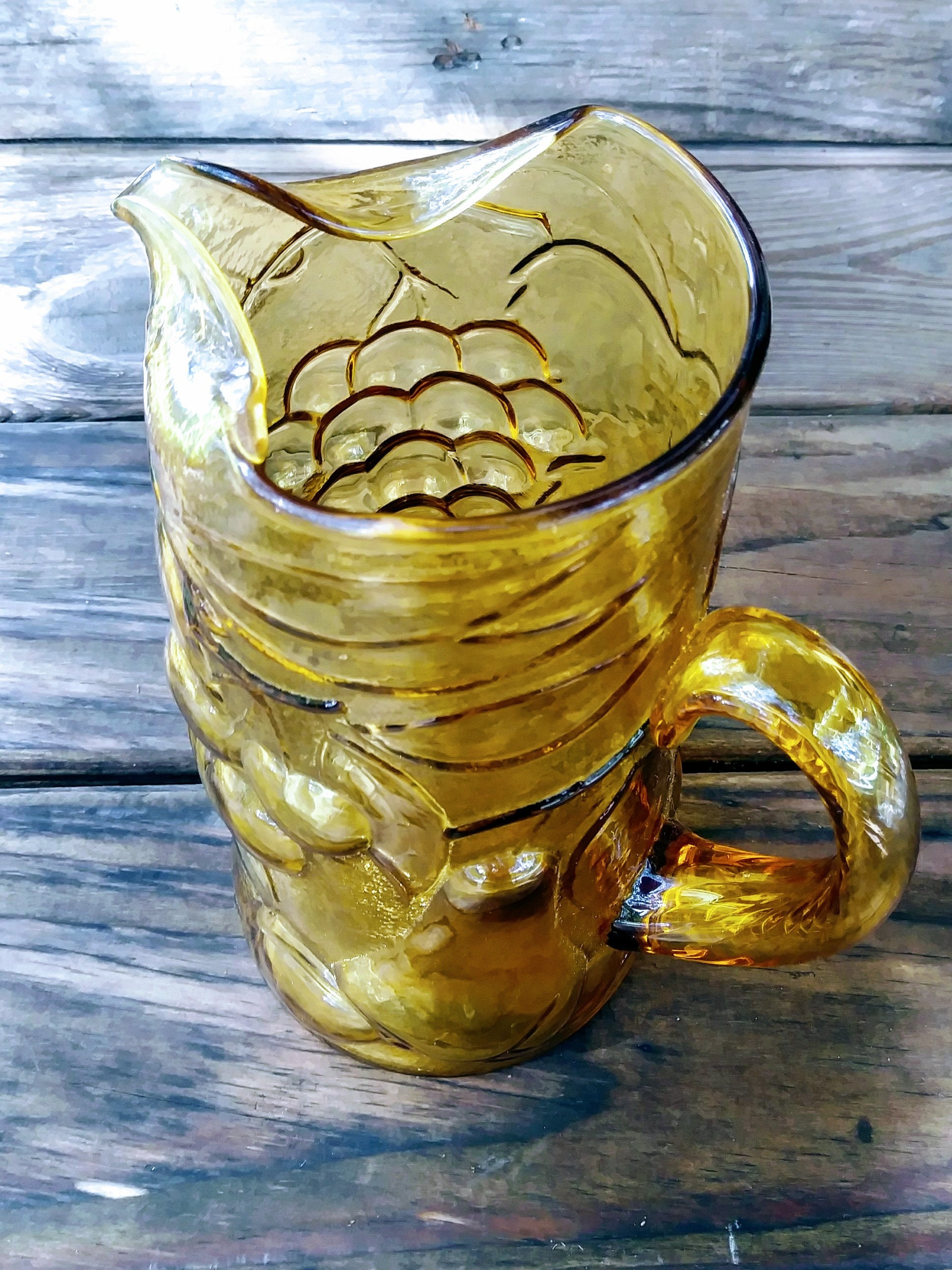 Amber Glass Pitcher With Embossed Fruit Yellow Housewares Amber Glass Pitcher With Embossed Fruit Yellow Housewares Vintage Water Iced Tea Brown Kitchen
