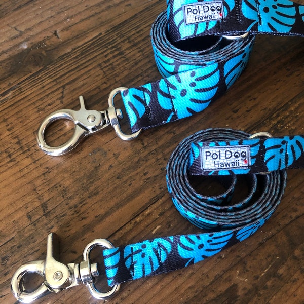 Monstera Leaf Design - Teal - Hawaii Style Dog Collars and Leashes