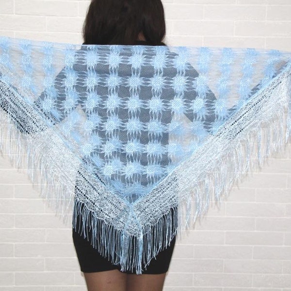 Blue lace shawl with fringe, Wedding festival square scarf, Church chapel, Easter gift for her