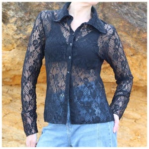 90s Sheer Lace Blouse: Long Sleeve Floral See-Through Top