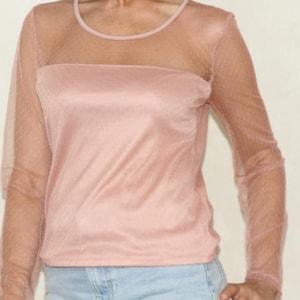 90s Top with mesh sleeves, Sheer long sleeve top, Vintage pink pullover stretch blouse, Size L