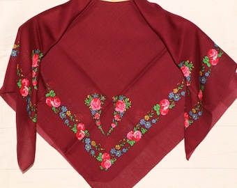 Wine vintage shawl, Burgundy floral scarf, Ukrainian wool shawl, Hustka, Chale russe, Dark red shawl