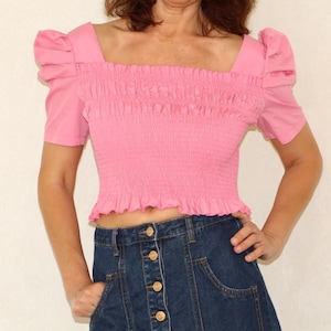 Pink dirndl crop top, Vintage ruffle cottagecore blouse, Oktoberfest style, Austrian tube top, M