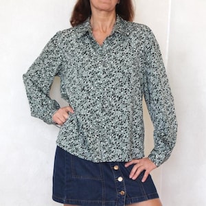 90s minimalist button up shirt, Olive womens blouse, Vintage puffy sleeve shirt, Size L
