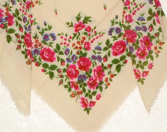 Bufanda cuadrada floral vintage, chal de lana ucraniano, bufandas rusas blancas, bufanda étnica