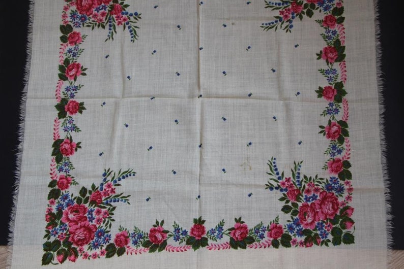 Floral Wool Shawl, Vintage White Scarf, Ukrainian Shawl, Russian Floral ...