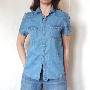 Blue denim shirt, Vintage 90&#39;s jean women blouse, size S