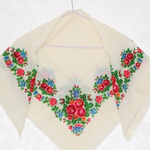 White floral scarf, Vintage folk slavic shawl, Wool russian fabric, White retro scarf