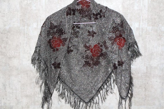 Silver metallic shawl with red roses, Festival ev… - image 5