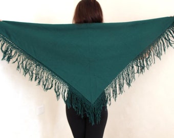 Antique wool shawl with fringe, Vintage Ukrainian scarf, Winter scarves for women, Hunter green shawl, Large scarves 37.8 x 37.8 inch