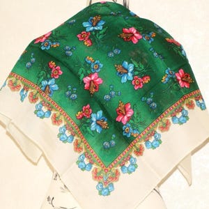 Vintage Japanese green scarf with bright floral print, Retro floral fabric, Made in Japan