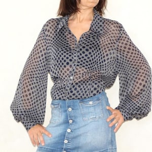 Polka Dot Sheer Blouse, Long sleeve  90s button up shirt, Loose blouse, L