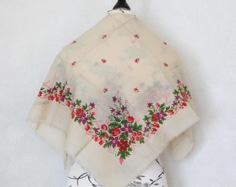 Ethnic floral scarf, Ukrainian folk wedding shawl, Vintage wool fabric, Old russian shawl, Bandana
