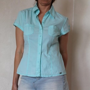 90s Blue shirt with short sleeve, Vintage minimalist blouse, Classic formal button up shirt, M