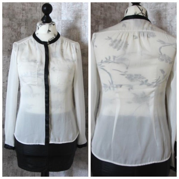 90s vintage Black and White shirt, Long sleeve hidden buttons shirt, Sheer blouse with chest pockets