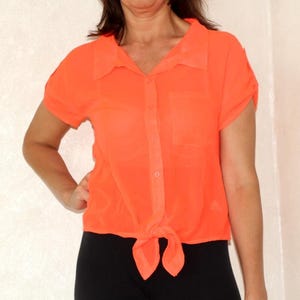 90s tie front crop top, Bright sleeveless top, Vintage sheer Button up collared shirt, Size S