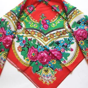 Red scarf with floral, Vintage traditional shawl, Bandana, Tablecloth, Romanian style, Ethnic Folk scarves