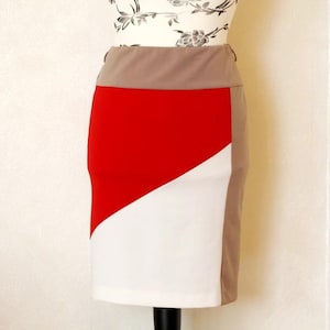90s Pencil Skirt, Red beige white striped skirt, Elastic high waist Fitted Bodycon Skirt, Size M