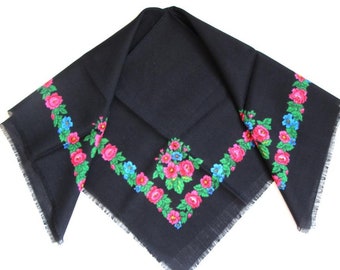 Black wool Ukrainian shawl, Vintage flower square scarf, Ethnic folk boho wedding, Slavic babushka scarf