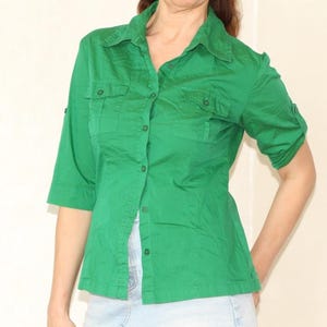90s Emerald green shirt with short sleeve, Vintage minimalist blouse, Classic formal button up shirt, L