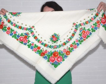 White floral scarf, Ukrainian wool shawl, Vintage fabric, Ethnic folk Scarf