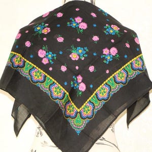 Black floral scarf, Vintage Ethnic folk shawl, Romanian style, Rare, Made in Japan