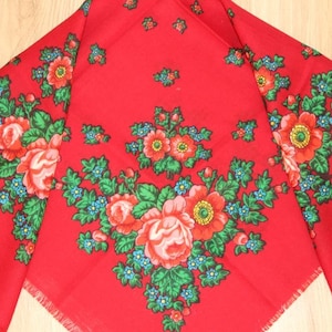 Wool floral shawl, Vintage Ukrainian scarf, Old wool fabric, Russian folk scarf, Babushka head scarf