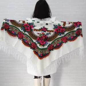Large fringe shawl, Ukrainian wool white shawl, Floral square scarf, Piano shawl, Ethnic folk wedding chale