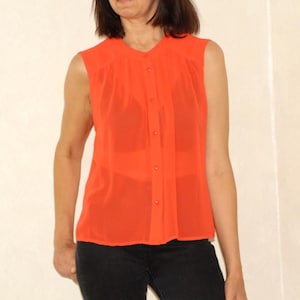 90s Sheer coral top, Vintage transparent blouse, Summer button up shirt, S