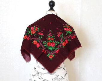 Châle en laine bordeaux, écharpe florale vintage, mariage ukrainien, chale russe rouge, bandana, cadeau pour elle
