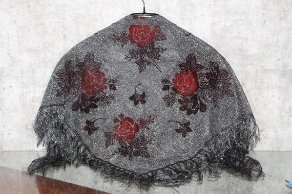 Silver metallic shawl with red roses, Festival ev… - image 7