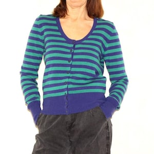 90s Striped cardigan, Blue & Green Button up jumper, Vintage minimalist V-neck sweater, S