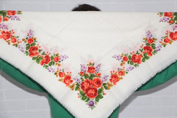 White floral scarf, Ukrainian folk shawl, Vintage… - image 2