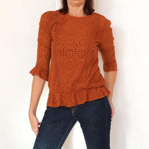 Vintage minimalist lace Top, 90s Orange blouse, Sheer boho shirt, 3/4 Sleeve, Size S