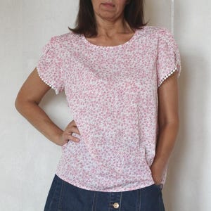 90s cute blouse with puff sleeve, vintage loose top, vocation floral blouse, Size L