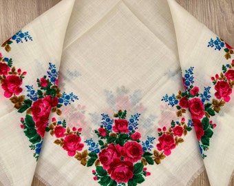 White floral shawl, Ukrainian folk traditional, Vintage scarves, Babushka scarf