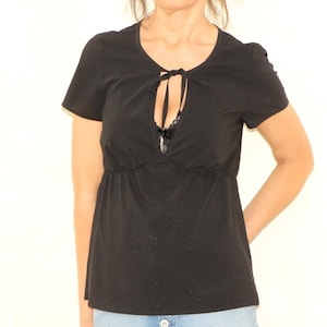 90s minimalist black top, Vintage woman causal blouse with tie front, Short sleeve shirt, Size S