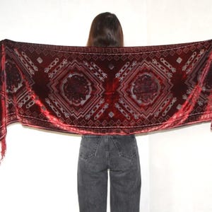 Red burnout scarf with fringe, Velvet Semi sheer scarf, Vintage piano shawl, Burn out evening cover up