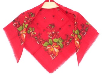 Red floral shawl, Vintage Ukrainian wool scarf, Ethnic folk boho wedding, Slavic babushka scarf