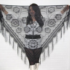 Black lace shawl with fringe, Vintage veil mantilla, Goth weddings, Bohemian evening shoulder wrap, Triangle mesh scarf