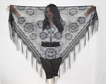 Black lace shawl with fringe, Vintage veil mantilla, Goth weddings, Bohemian evening shoulder wrap, Triangle mesh scarf