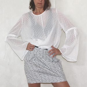 90s sheer blouse with polka dots, Long puffy sleeves shirt, Loose blouse back tie top, Office Siren Size XL