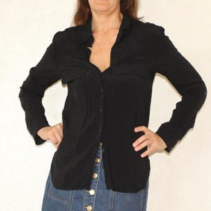 90s black shirt, Vintage minimalist blouse, Classic formal button up shirt, Size M