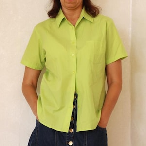 Vintage bright green shirt, 90s minimalist short sleeve blouse, Size Medium